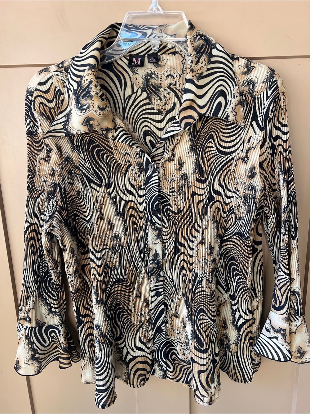 Vintage Y2K Milano XL Animal Print Crinkle Stretchy Bell Sleeve Blouse Button